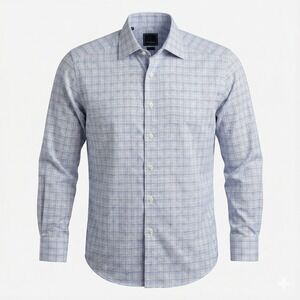 David Donahue Trim Fit Dress Shirt Mens 16 34/35 Blue Plaid 100% Cotton